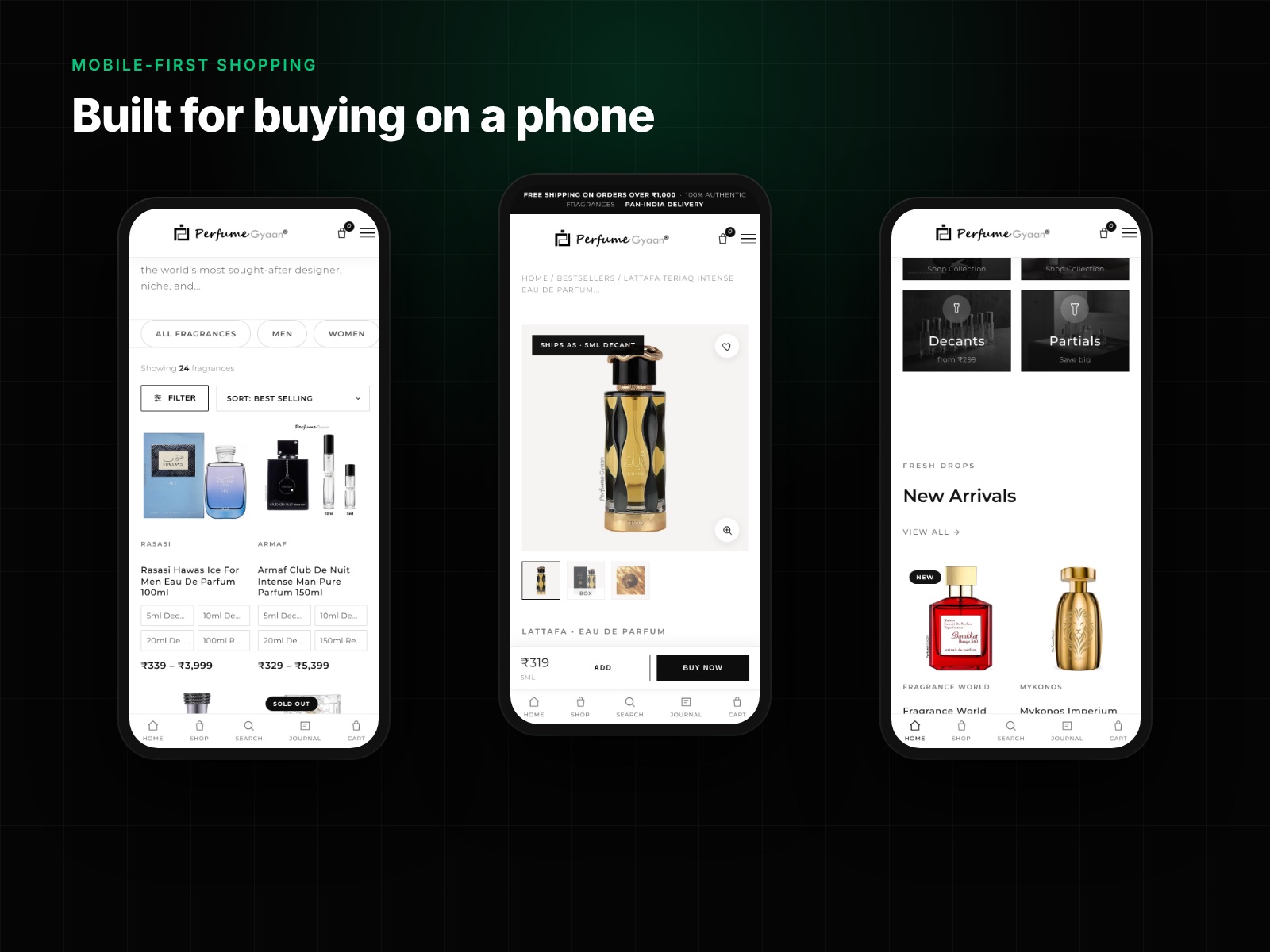 Perfumegyaan mobile shopping: collection, product and homepage views