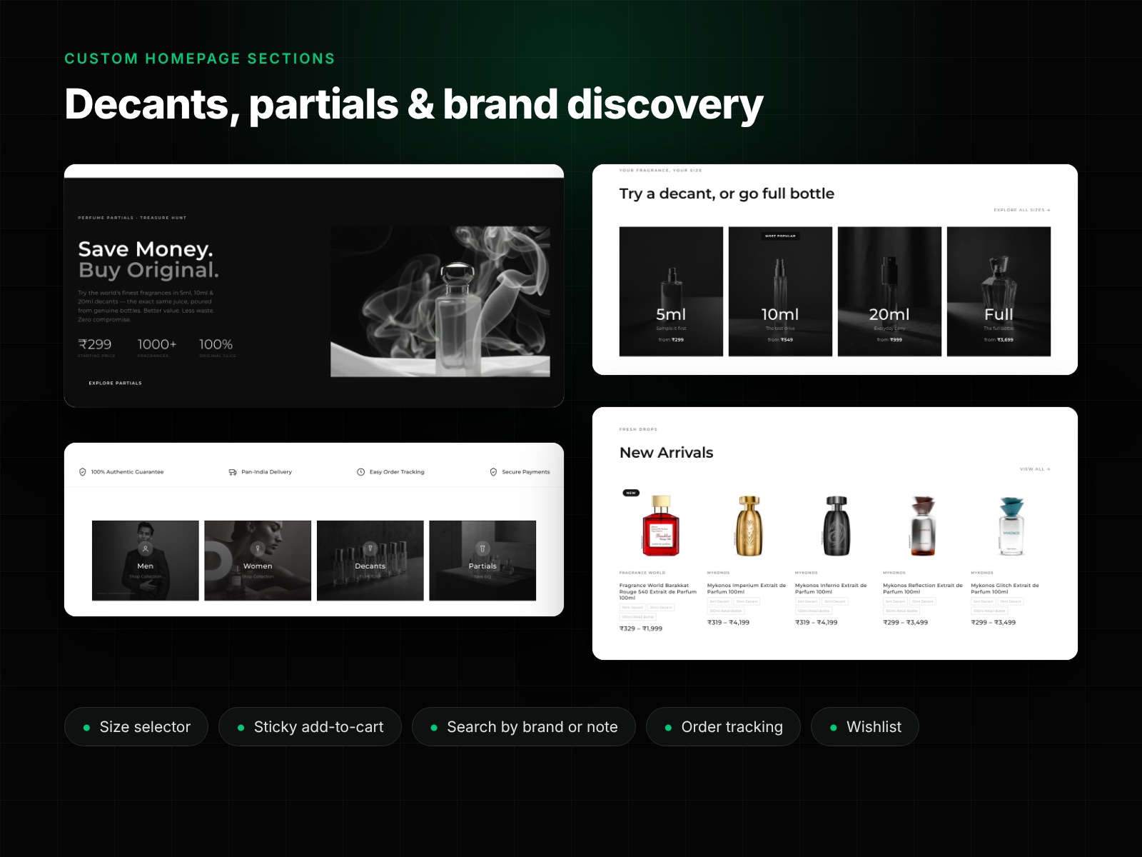 Custom Shopify homepage sections: decants, partials, categories and new arrivals